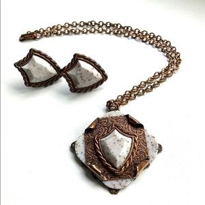 VTG 50s Copper Confetti Lucite Shield Demi Parure